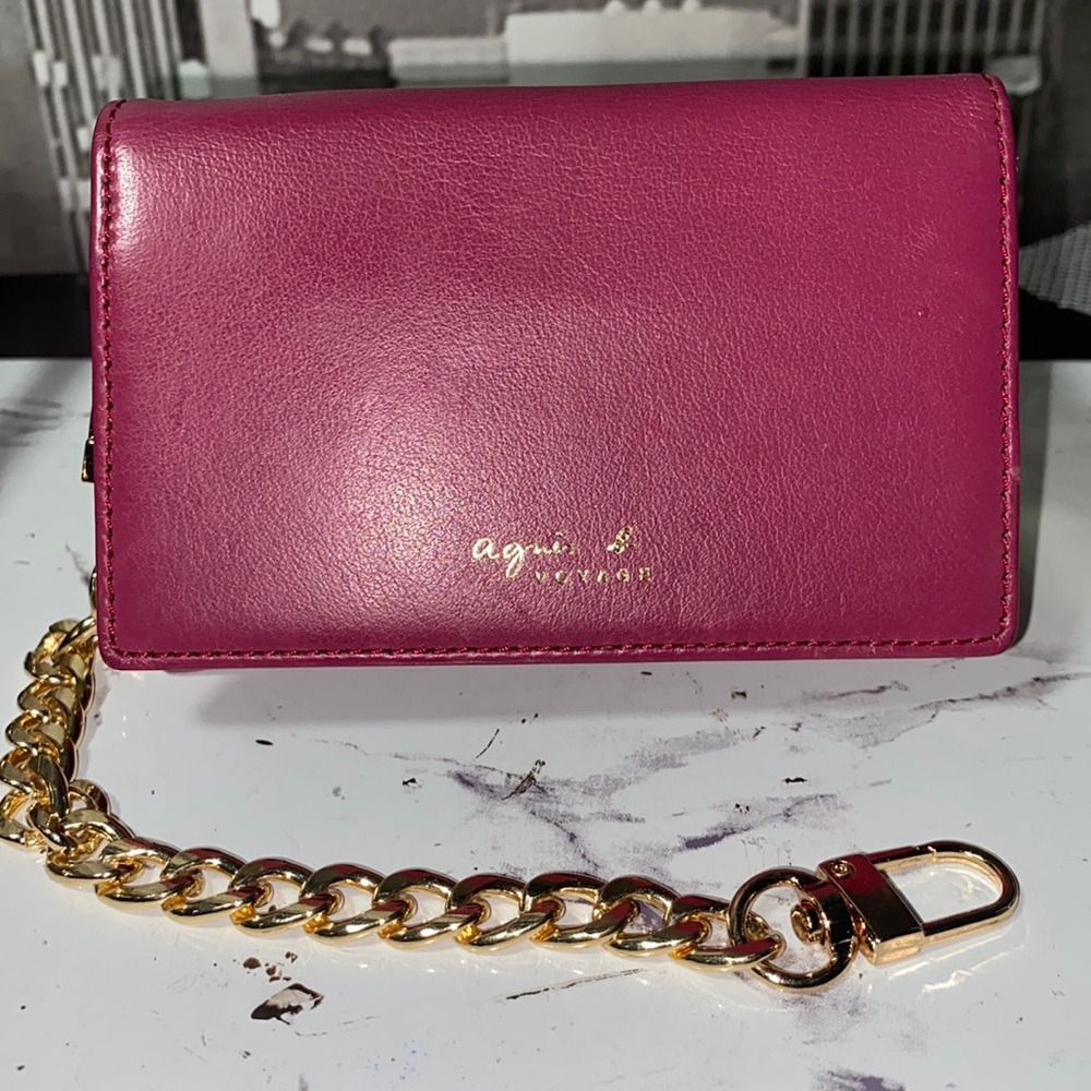 Agnes B. Pink Leather Card Holder with Gold Chain